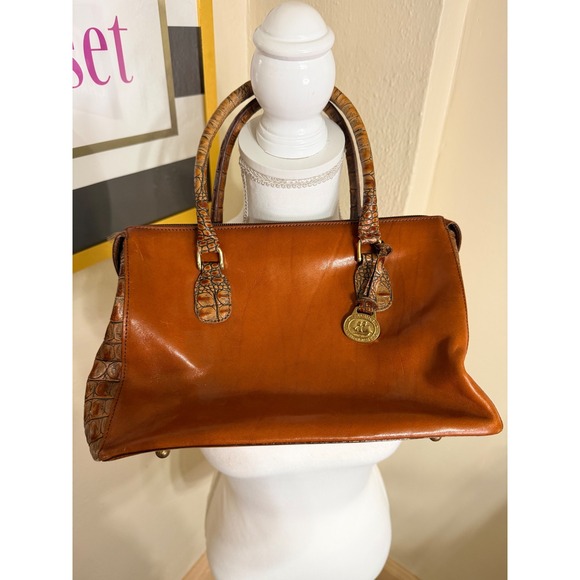 Brahmin Handbags - Brahmin Cognac Brown Leather Crocodile Embossed Satchel Handbag Zip Top Purse